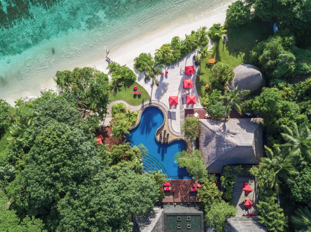 A bird's eye view of the beachfront Seychelles resort Anantara Maia Villas