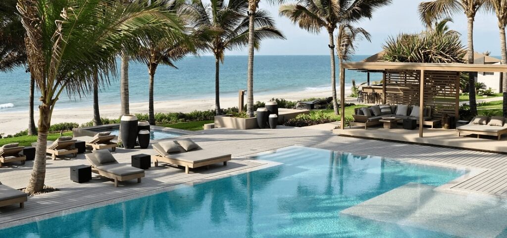The beachfront pool area at Arennas Mancora, an eco-friendly hotel in Mancora, Peru 