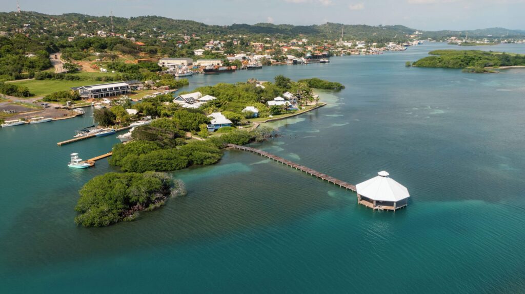 An elevated view of the waterfront setting at Barefoot Cay Resort