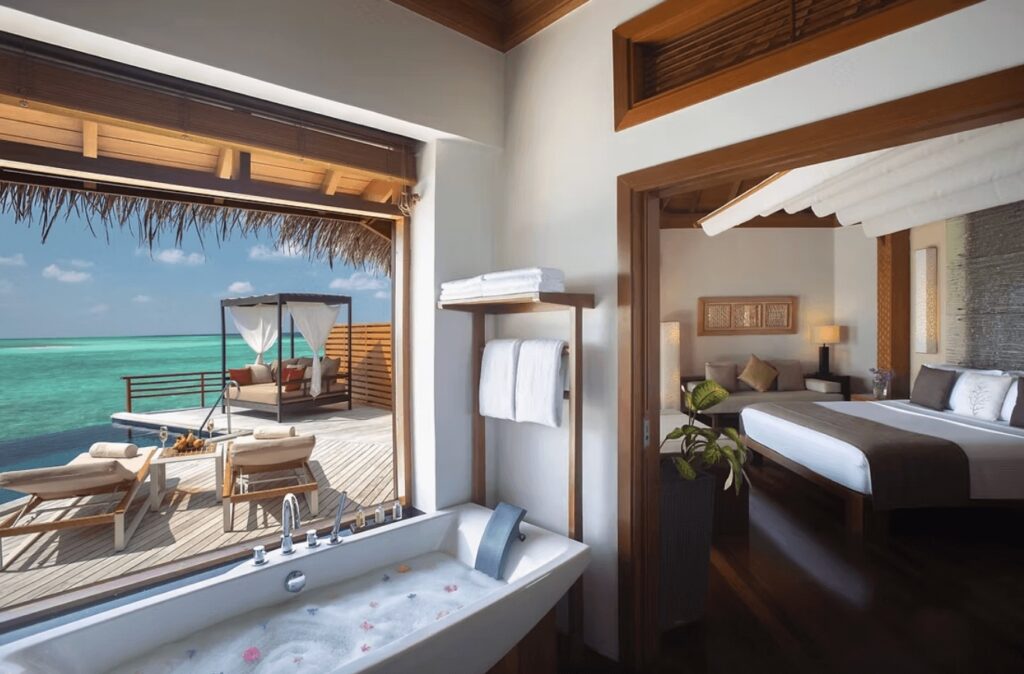 One of the luxurious overwater villas at Baros Maldives, a luxury dive resort in the Maldives