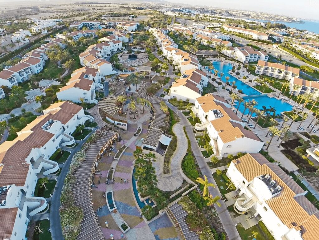 An aerial view of the Reef Oasis Blue Bay Resort and Spa, an eco-friendly hotel in Sharm El Sheikh