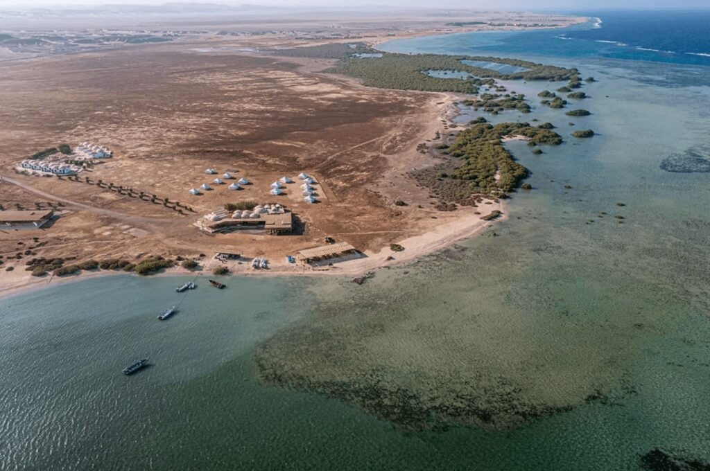 An aerial view of the eco-friendly accommodations at Wadi Lahami in Marsa Alam
