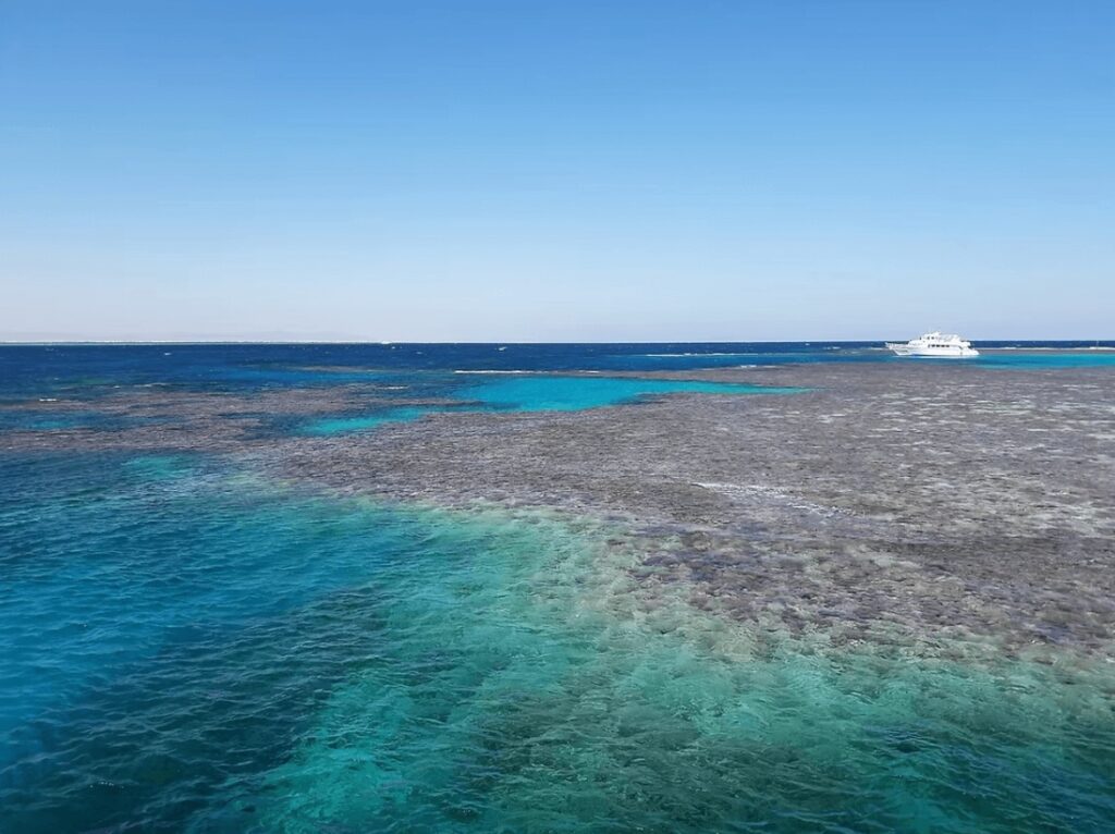 A dive liveaboard moored alongside a reef in the Red Sea