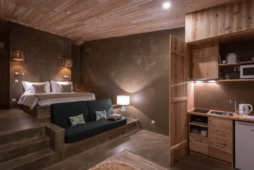 One of the multi-level rooms at Santa Barbara Eco-Beach Resort, an eco-friendly hotel in the Azores