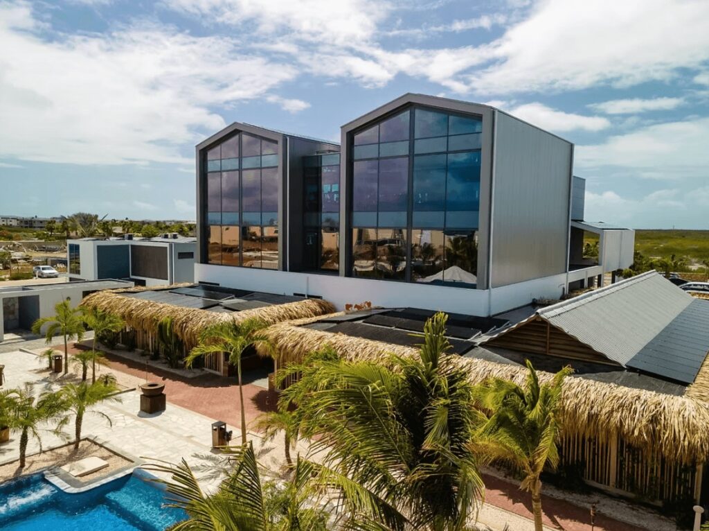 Contemporary buildings at Delfins Beach Resort, an eco-hotel in Bonaire 