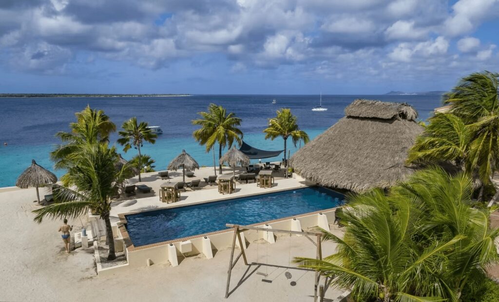 An oceanfront pool at Buddy Dive Resort, an eco-friendly hotel in Bonaire