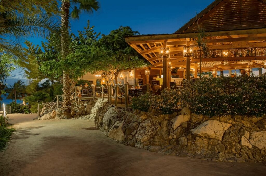 An open-air dining pavilion at the LionsDive Beach Resort, an eco-friendly hotel in Curaçao 