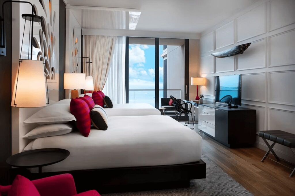 A contemporary room at the Kimpton Seafire Resort + Spa in the Cayman Islands 