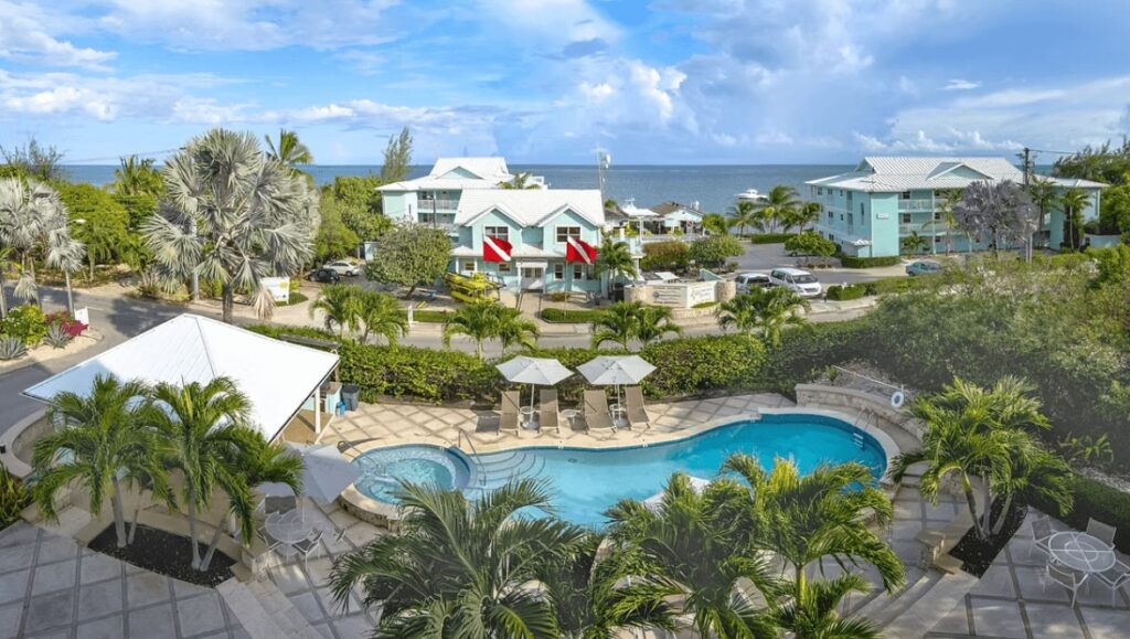 A swimming pool at the Compass Point Dive Resort, an eco-friendly hotel in the Cayman Islands