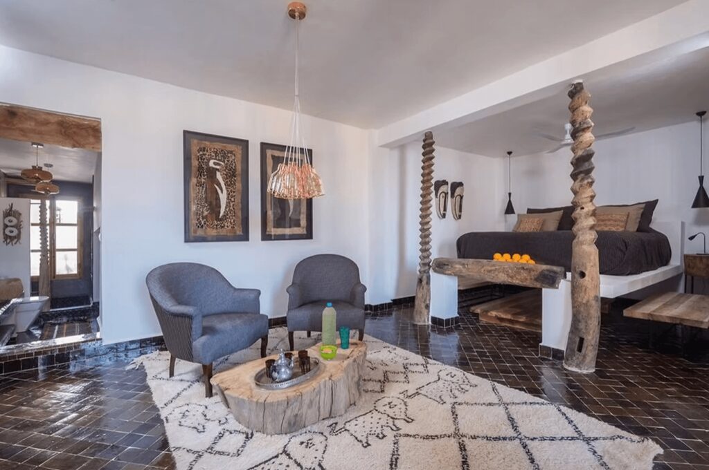 One of the eclectically decorated rooms at Munga Guesthouse, one of the best places to stay in Taghazout