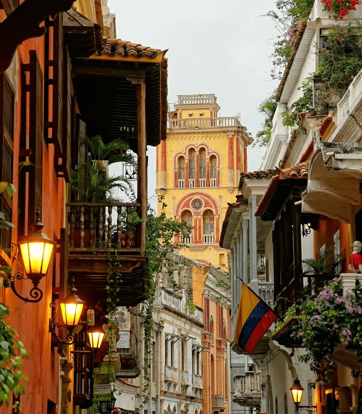 Beautifully preserved colonial buildings in the historic core of Cartagena, Colombia