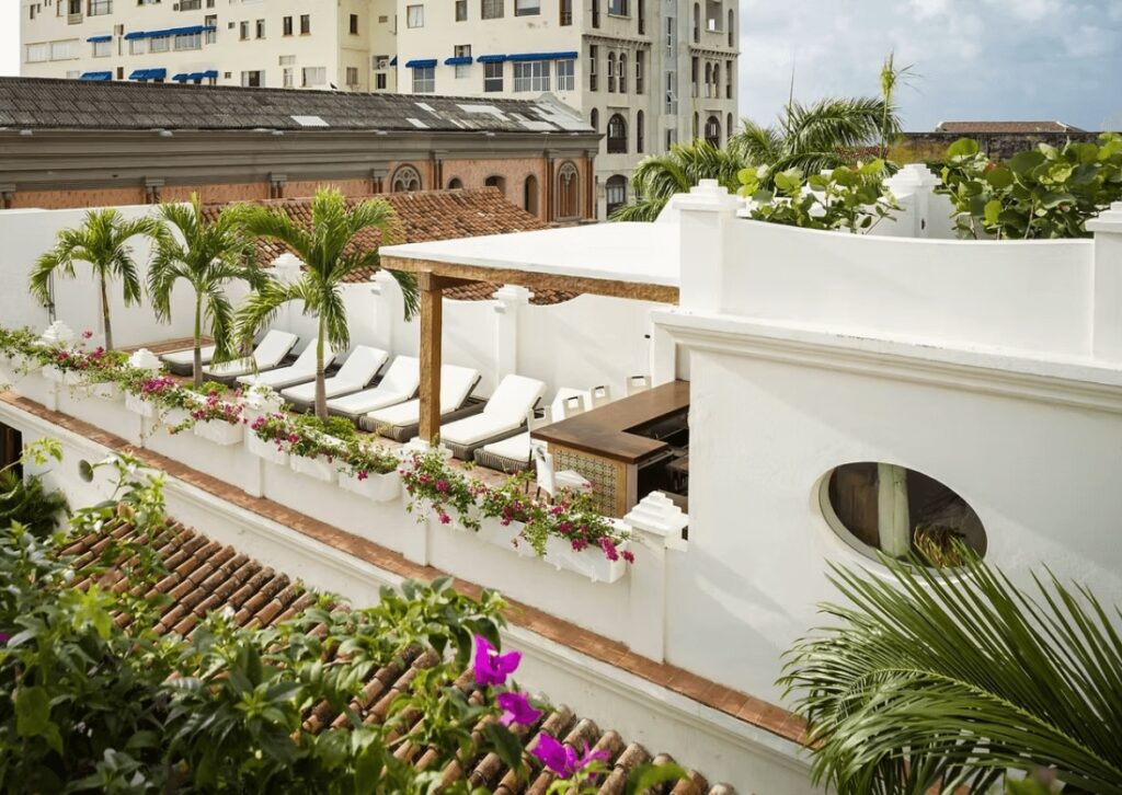 Sun loungers on the rooftop terrace of Casa San Agustin, an eco-friendly hotel in Cartagena