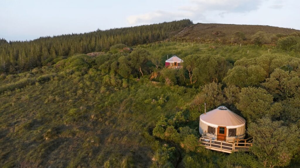 An elevated view of the yurts at Lough Mardal Lodge near one of the best surf spots in Ireland