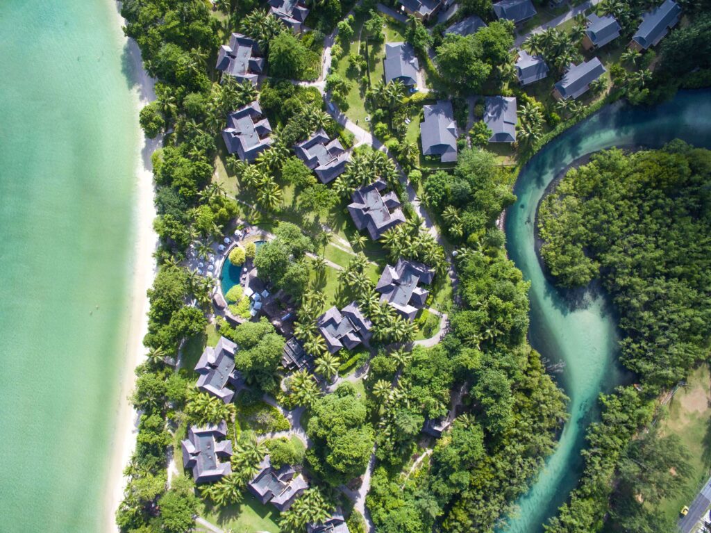 An aerial view of the villas at Constance Ephelia - a sustainable resort in the Seychelles