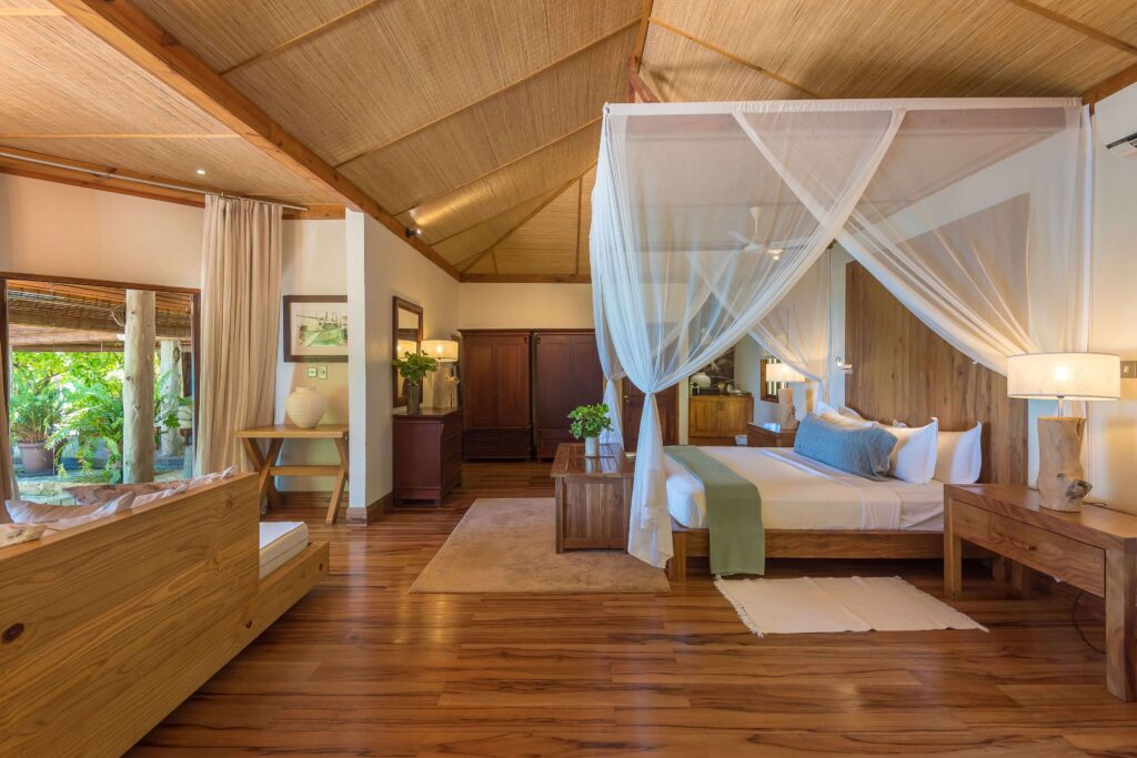 One of the luxurious and sustainably designed suites at Denis Private Island in the Seychelles