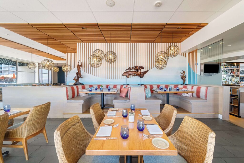 A colourful dining area at the Dream Inn Santa Cruz