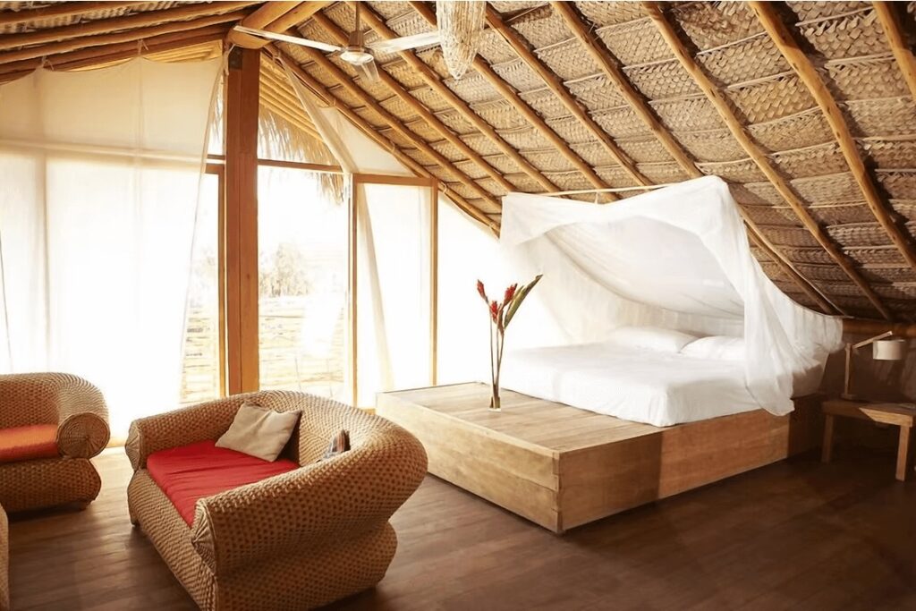 One of the sustainably designed rooms at Eco Lodge Mancora, an eco-friendly hotel in Mancora, Peru 