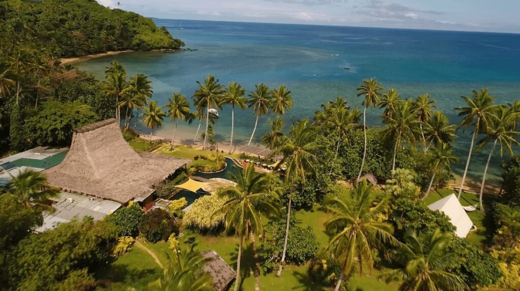 An aerial view of the Beqa Lagoon Resort, an eco-friendly dive resort in Fiji