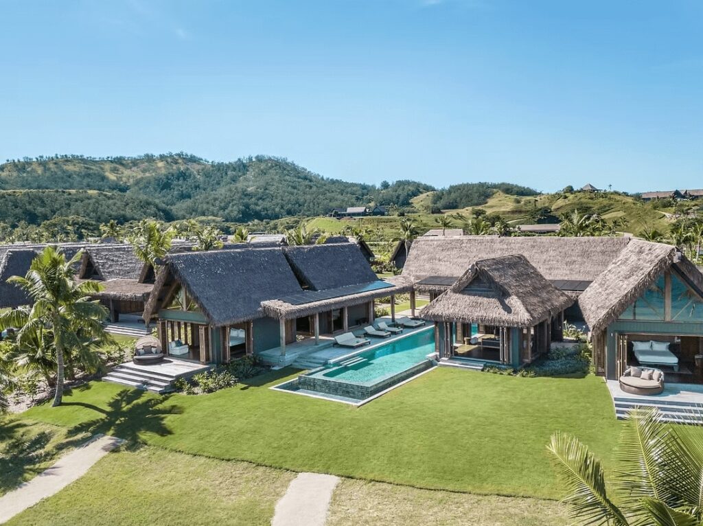 Luxurious thatched roof villas at the eco-friendly Six Senses on Malolo Island, Fiji 