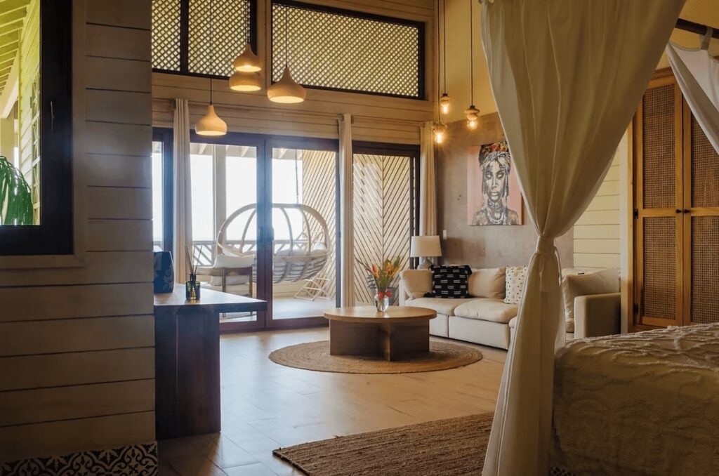 One of the elegant rooms at the Tranquilseas Eco Lodge, an eco-friendly dive resort on Roatan