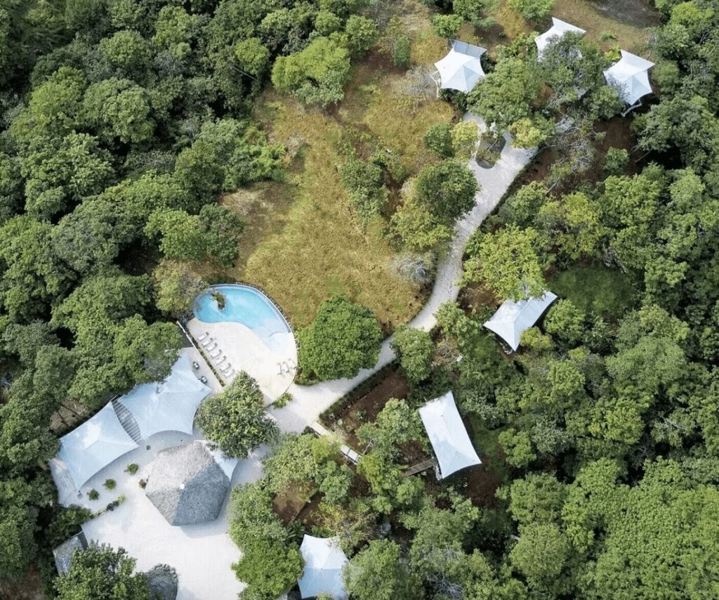 An aerial view of the Mikado Natural Lodge, an eco-friendly hotel in Tamarindo