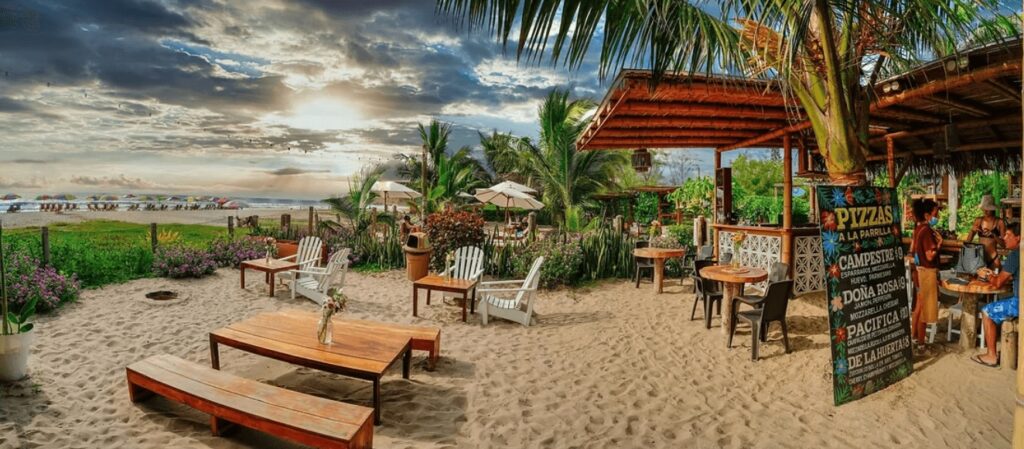 A beachfront bar at Hotel Kundalini, an eco-friendly hotel in Montañita, Ecuador