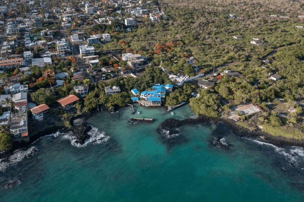 An aerial view of the Blu Galapagos Sustainable Waterfront Lodge in Puerto Ayora