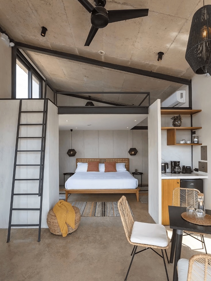 One of the eco-friendly apartments at Eolia Sustainable Design Hotel in San Mateo, Ecuador