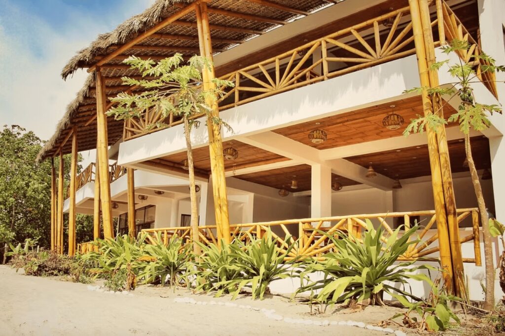 The sustainably built bamboo architecture of the Seaside Garden Ecolodge, a sustainable hotel in Mompiche, Ecuador