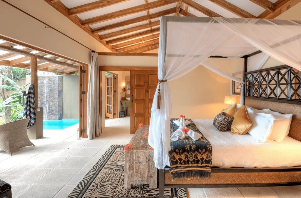 One of the beautifully decorated suites at Casa Chameleon Mal Pais, an eco-friendly hotel in Santa Teresa