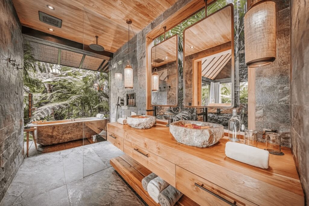 A luxurious bathroom at Desa Hay - an eco-friendly resort in Canggu, Bali 