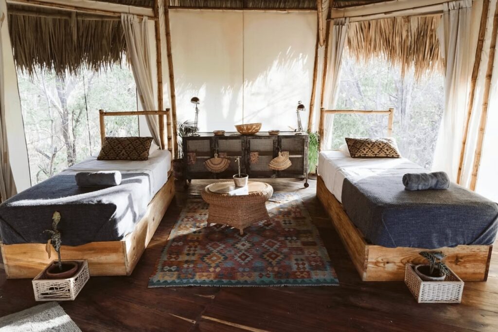 One of the stylish twin rooms at Dreamsea Surf Resort, a sustainable surf camp in San Juan del Sur, Nicaragua