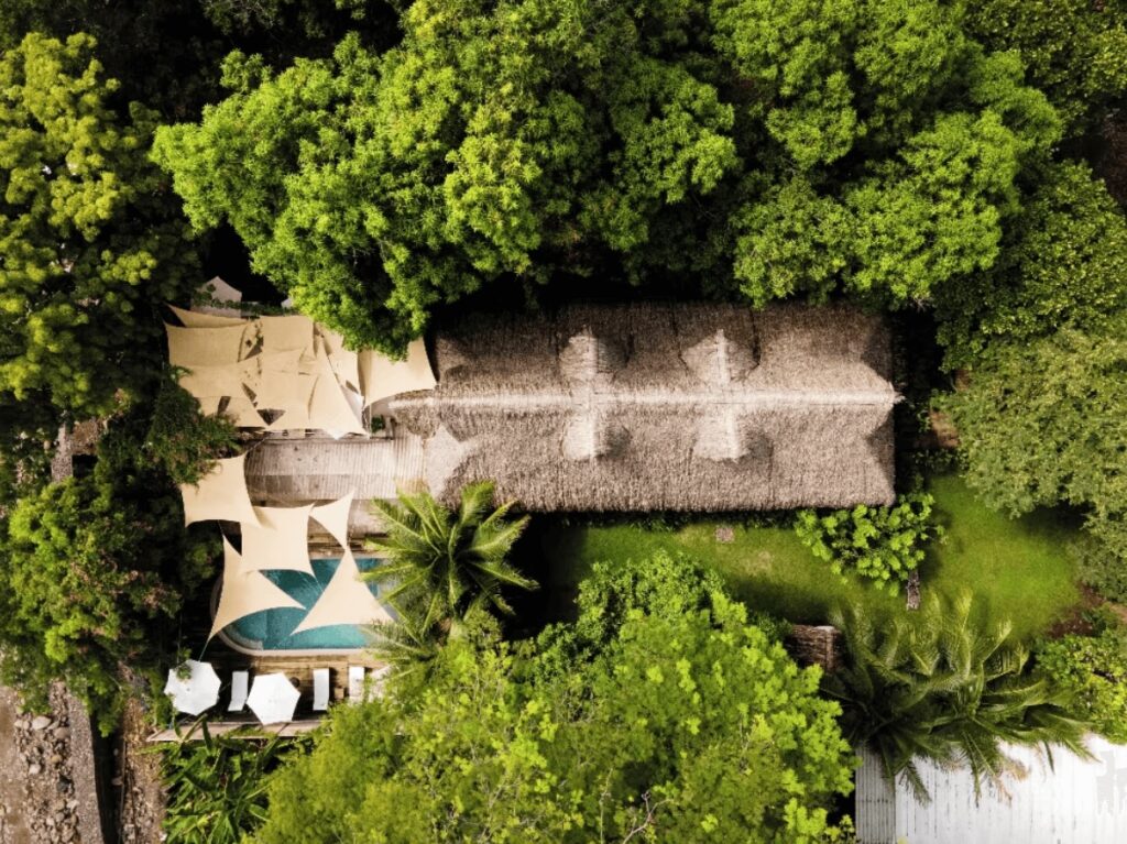 An aerial view of Hotel Michanti - an eco-friendly surf resort in El Zonte 