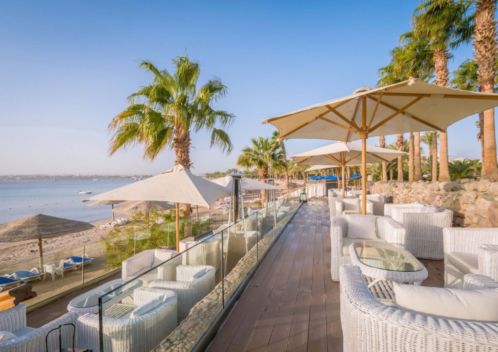 A lounge bar overlooking the Red Sea at Fort Arabesque
