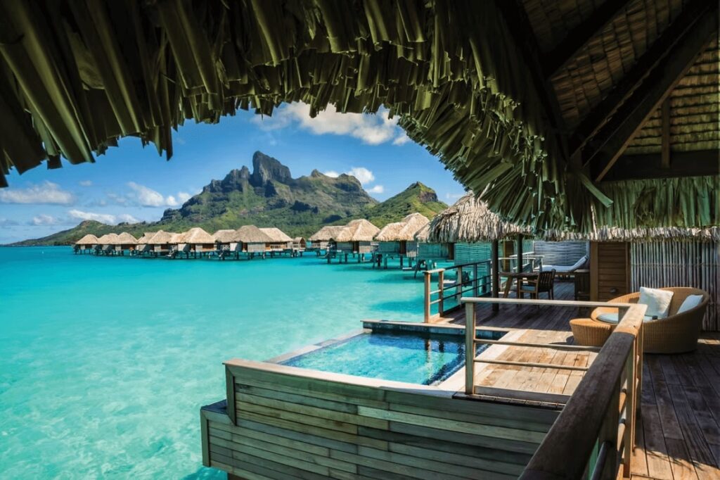 Views of Mount Otamanu from one of the luxurious pool villas at Four Seasons Resort Bora Bora 