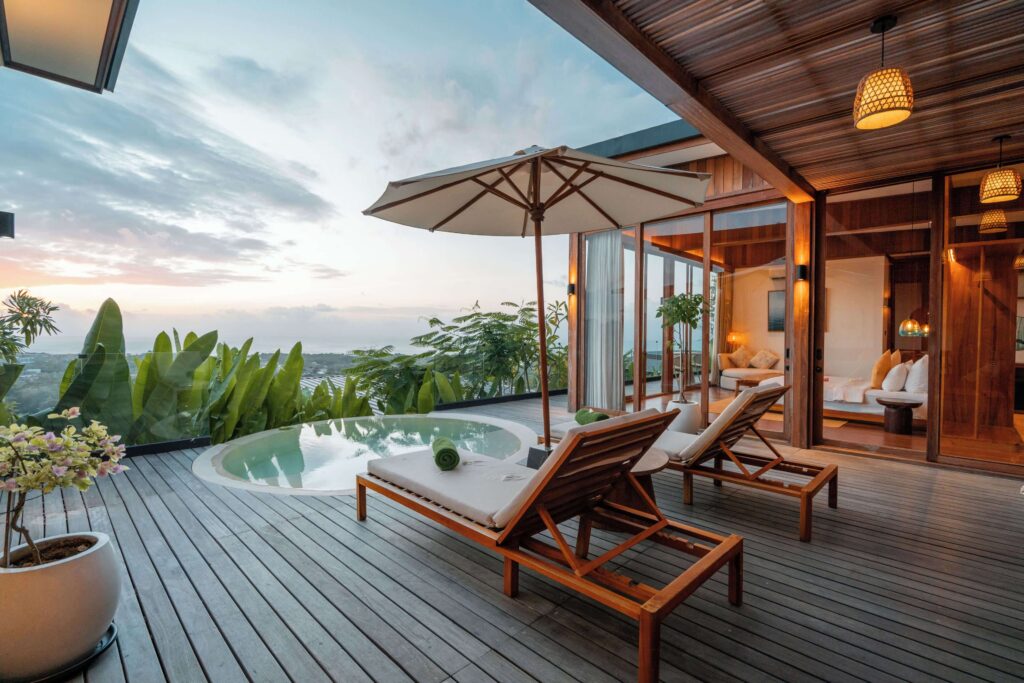 Elevated views from a private pool villa at Grün Resort in Uluwatu