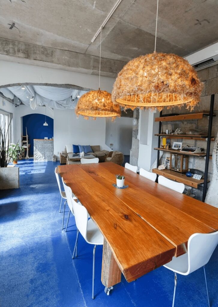 Best surf spots in Japan: The communal dining area at Hostel Nabla on Nijima Island near Tokyo 