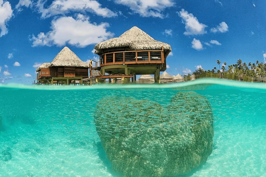 The overwater bungalows at the Hotel Kia Ora Resort & Spa in Rangiroa, one of the best places to dive in French Polynesia 