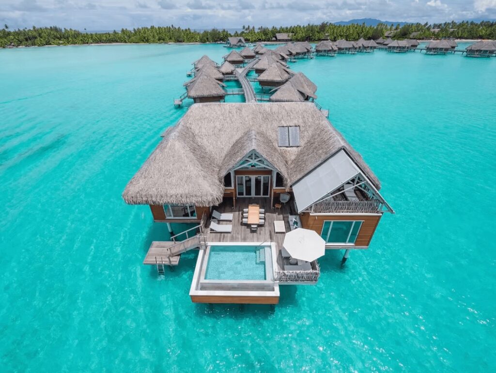 An overwater bungalow at the Intercontinental Bora Bora Resort & Thalasso Spa, an eco-friendly resort in French Polynesia 