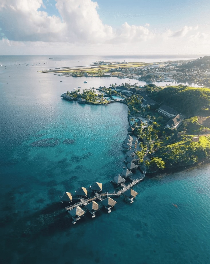 An aerial view of the InterContinental Tahiti Resort & Spa, an eco-friendly resort in Tahiti 
