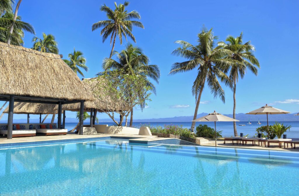 An oceanfront swimming pool at Jean-Michel Cousteau Resort in Fiji