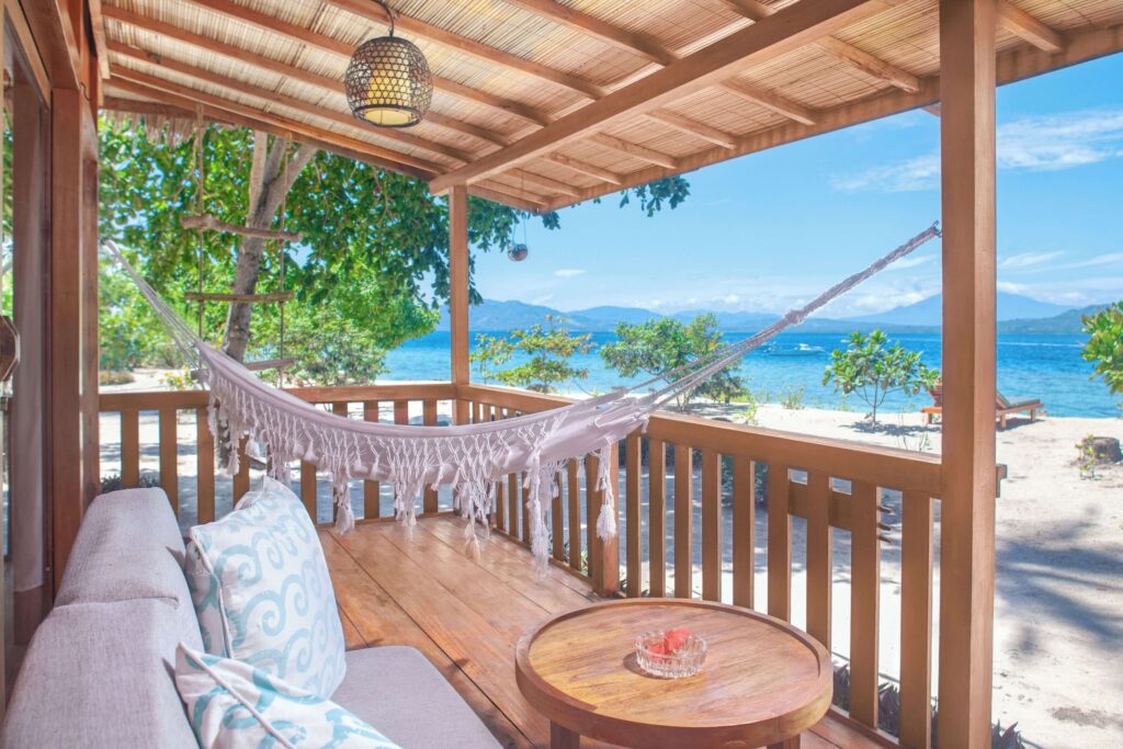 Views of the ocean from a waterfront bungalow at Kuda Laut Boutique Dive Resort in Bunaken 