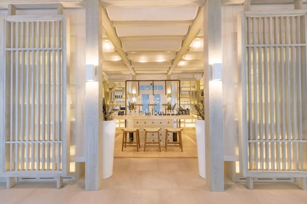 The whitewashed spa at LUX* South Ari, an eco-luxury resort in the Maldives 