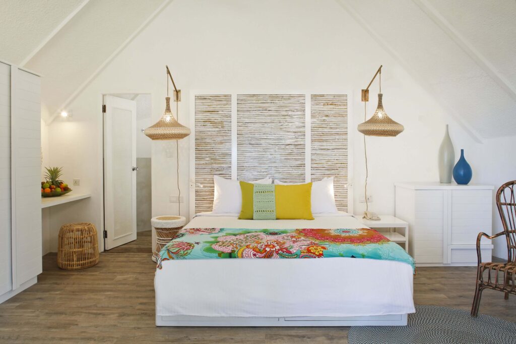 One of the colourful rooms at La Pirogue in Mauritius