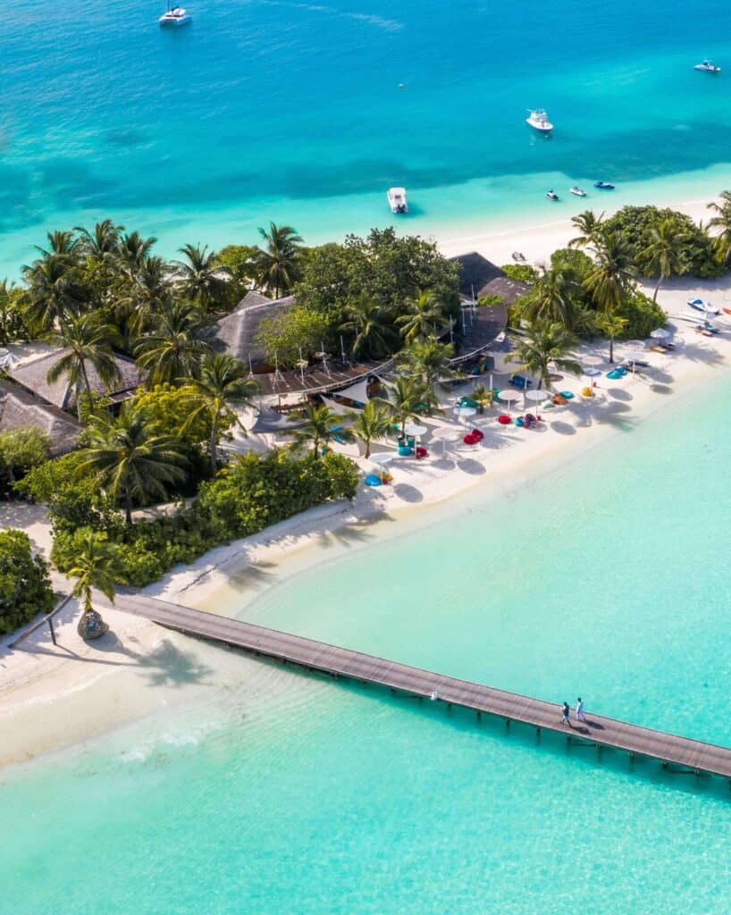 An elevated view of the jetty at LUX* South Ari Atoll
