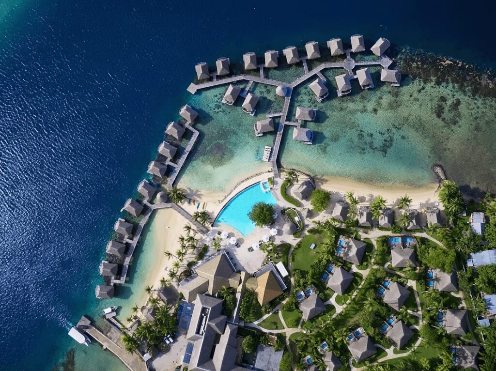 An aerial view of the Manava Beach Resort & Spa, an eco-friendly resort in Mo'orea 