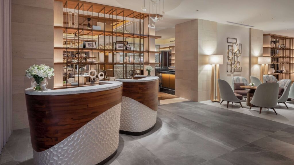 The sophisticated lobby at the ANA Intercontinental Manza Beach Resort