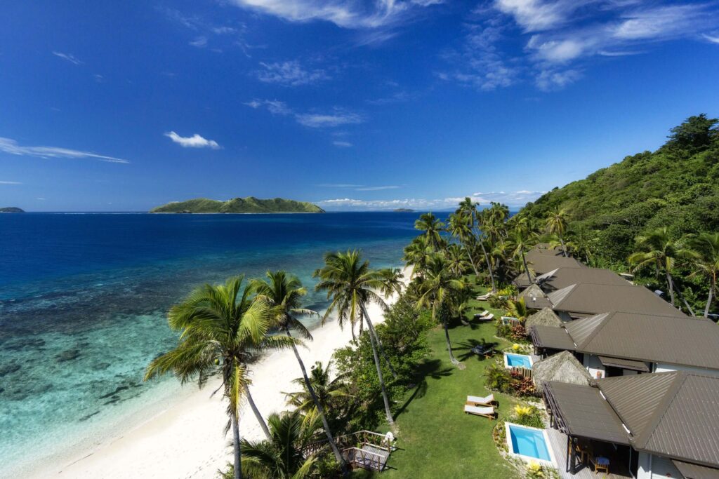 An elevated view of the beachfront villas at Matamanoa Island Resort