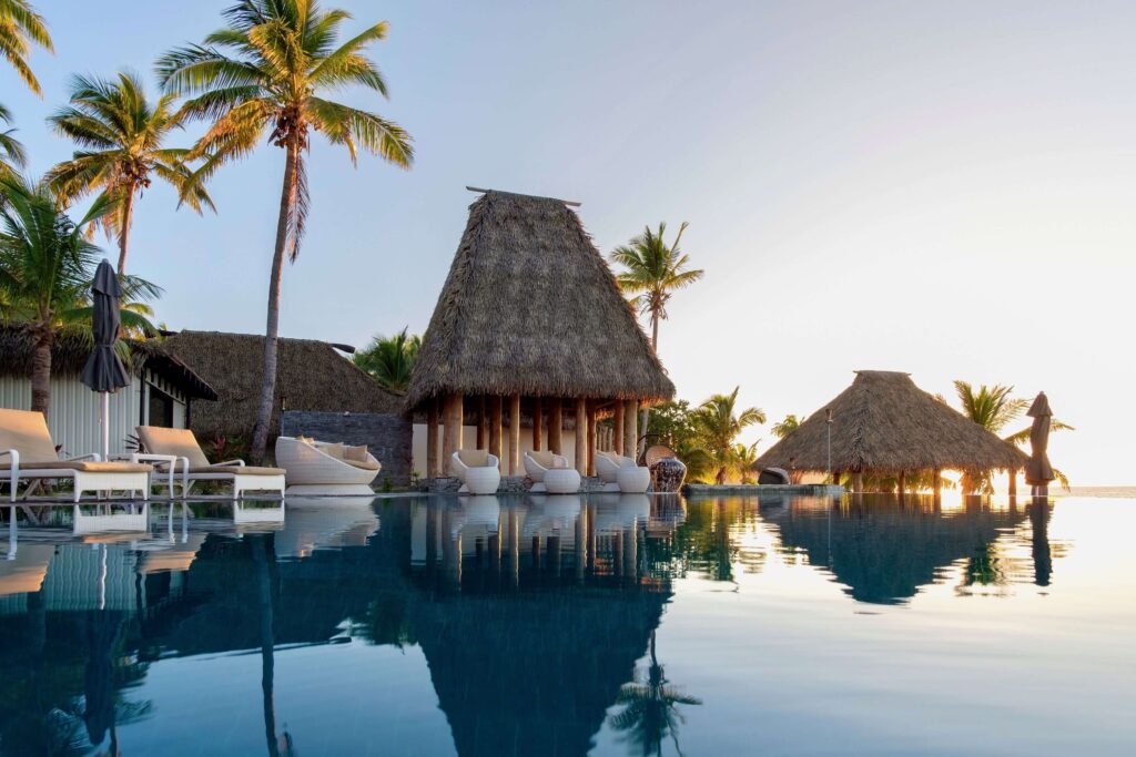 Reflections in the swimming pool at Matamanoa Island Resort