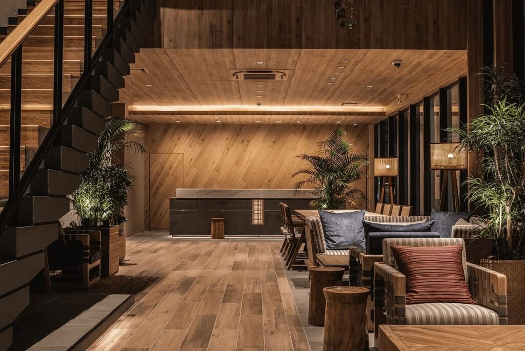 Best surf spots in Japan: A trendy lounge at Nest Hotel Naha Kumoji in Okinawa 